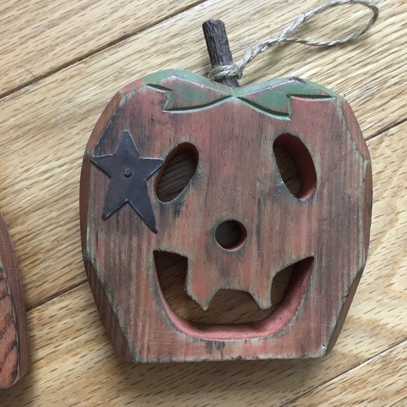 Vintage Rustic Carved Wooden Pumpkin Jack O Lantern Wall Hanging Halloween - Picture 6 of 8